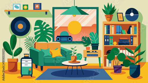 Cozy living room with plants and entertainment Vector