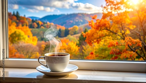 A cup of coffee steams on a windowsill with an autumnal mountain view. The landscape bursts with vibrant orange and yellow trees
