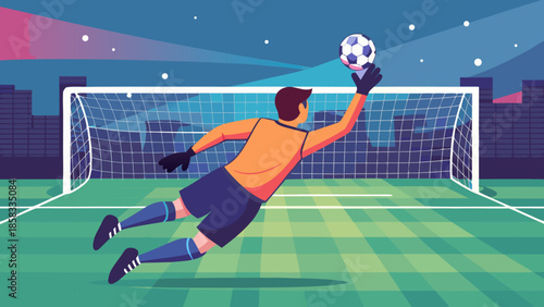 Goalkeeper diving save during night match Vector