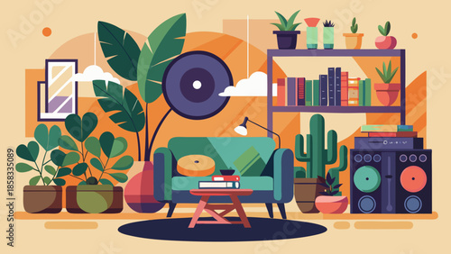 Cozy living room with vinyl record and plants Vector