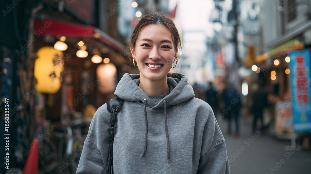 Fototapeta premium 女性がグレーのフード付きパーカで街の通りに笑顔を向ける