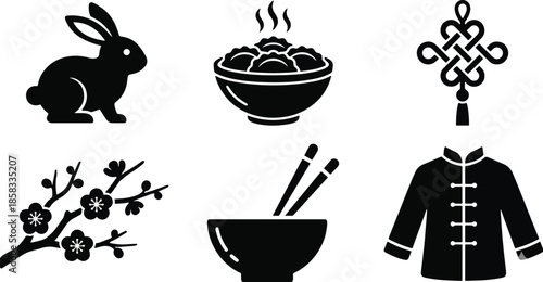 Lunar New Year, Chinese New Year, Spring Festival, icon, silhouette, set, pack, collection, vector, illustration, black, isolated, white background, symbol, sign, dragon, mythology, zodiac, lantern, p