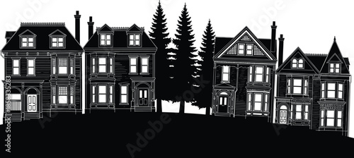 Wallpaper Mural Urban row houses silhouette vector illustration, historic city street buildings with pine trees, residential architecture isolated on white background for neighborhood design, Torontodigital.ca