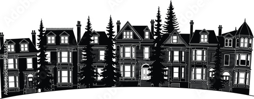 Victorian house silhouettes, gabled roofs, bay windows, ornate trim, evergreen trees, black and white vector, architectural illustration, historical 