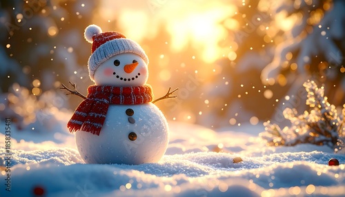 A cute snowman, adorned with a red and white hat and scarf, stands in snowy landscape, with bokeh lights