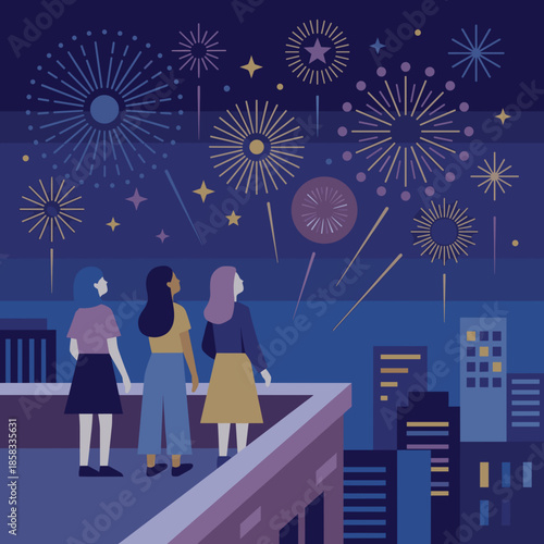 Young Women Watching Fireworks on Rooftop Cityscape at New Year