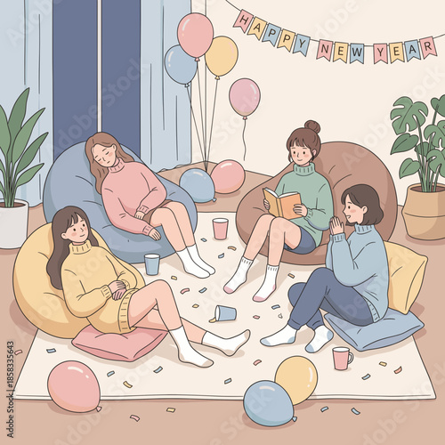 Relaxed New Year Gathering of Friends at Home After Party