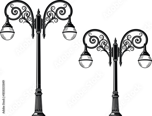  Vintage street lamp silhouette vector illustration, black and white contrast, ornate scrollwork design, classic urban decor, minimal style, historical lighting element