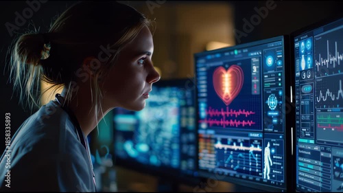 Nurse analyzing vital signs on multiple monitors displaying heart rate and medical data