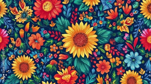 Wallpaper Mural Floral motif wallpaper celebrating Hispanic culture, suitable for websites, social media campaigns, or traditional craft projects. Torontodigital.ca