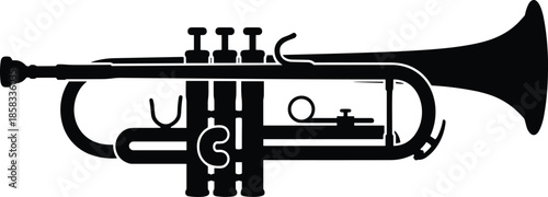 Black trumpet silhouette illustration, brass musical instrument icon, jazz music symbol, isolated vector graphic for design projects branding poster education