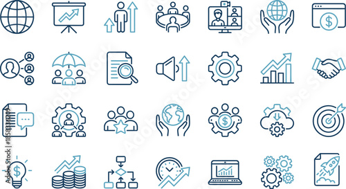 Business growth line icons set, strategy teamwork finance analytics management productivity startup workflow leadership modern outline vector collection illustration pack