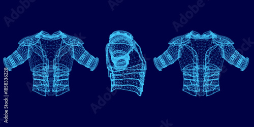 Three distinct armor blueprints feature chest plates, shoulder pads, and arm guards on a blue background, with detailed wireframes revealing intricate patterns and textures for each design.
