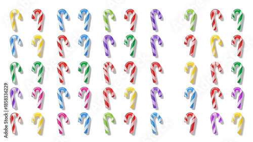 Collection of colorful candy canes arranged in rows and columns.