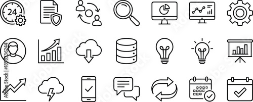 Business management line icons set, analytics workflow cloud data planning growth schedule communication vector outline collection productivity efficiency strategy dashboard