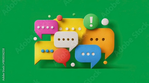 Colorful 3D rendered cartoon speech bubbles of various colors, shapes, and sizes float against a vibrant green backdrop. The image conveys communication