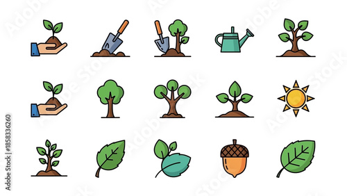Collection of colorful flat icons representing plants and gardening.