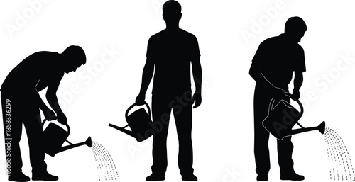 Watering silhouette vector, garden care action, black and white contrast, nurturing plants, outdoor task, dotted water flow, posture variation, eco-friendly effort