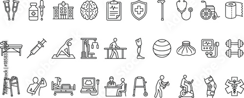 Healthcare medical line icons set, hospital therapy rehabilitation equipment doctor patient treatment vector outline collection wellness physiotherapy symbols healthcare recovery