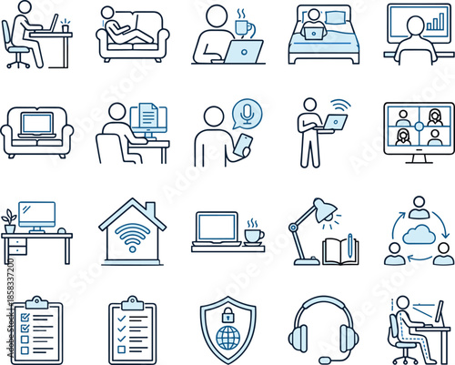 Remote work home office line icons set, online meeting productivity laptop workspace vector outline collection digital telecommuting lifestyle collaboration flexibility