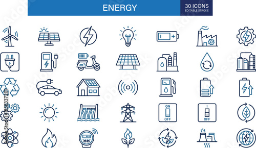 Renewable energy line icons set, solar wind power electricity sustainability green technology editable stroke modern outline vector illustration collection