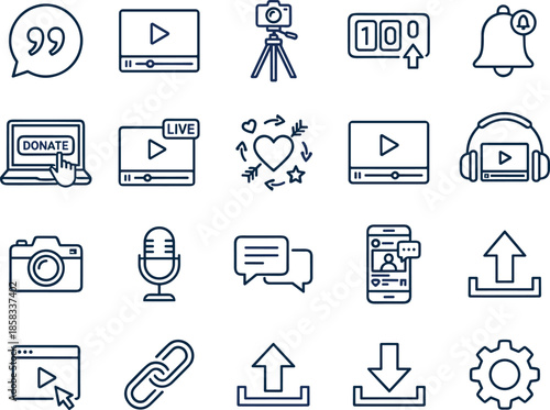 Social media content line icons set, video streaming live chat podcast donation notification upload download vector outline collection marketing engagement