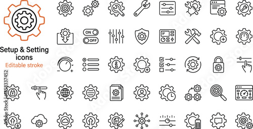 Setup and settings icons set, editable stroke outline symbols, gear wrench sliders controls, user interface configuration, system preferences vector design
