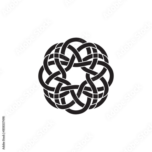 Intricate black and white circular knotwork design a complex interwoven pattern shown in isolation