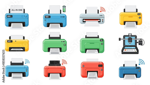 Collection of colorful modern printers with wireless connectivity icons.