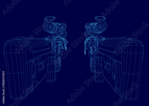 Modern sniper rifle blueprint in a detailed 3D wireframe model, isolated on a solid blue background for technical presentations.