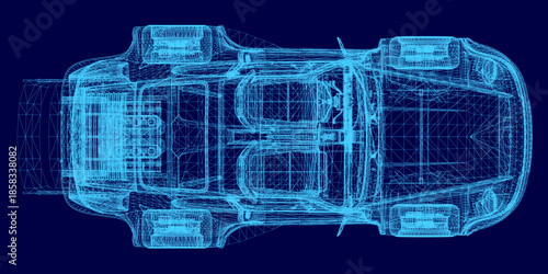 Top view of a 3D wireframe model for a high-performance sports car on a solid blue background, highlighting its sleek aerodynamic design, technical structure, and detailed framework.