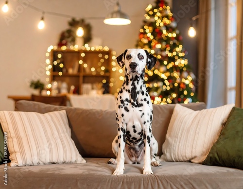 A Dalmatian dog sits upright on a sofa, looking towards the viewer. Behind it, a softly lit Christmas tree and lights