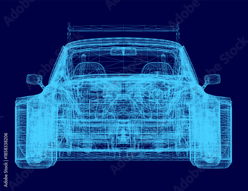 Sport car blueprint on a blue background reveals a detailed wireframe design with technical specifications.