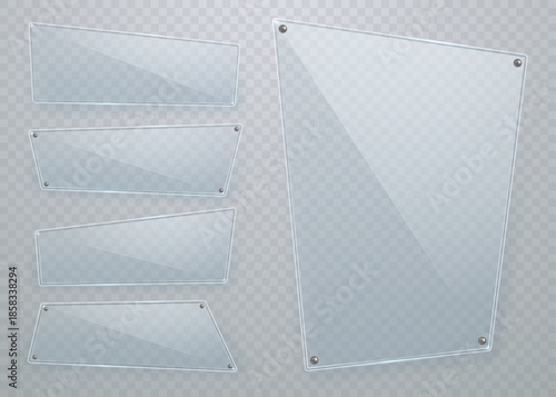 A collection of realistic rectangular glass frames with horizontal and vertical abstract shapes. Vector 3D illustration.