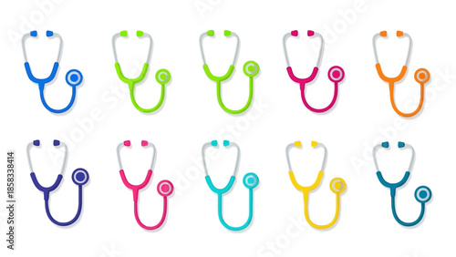 Collection of colorful stethoscopes isolated on white background.