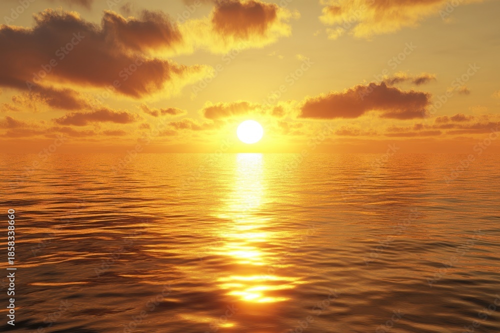 Fototapeta premium Sunset over calm ocean with golden reflections and soft clouds in the sky