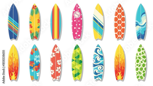 Collection of colorful surfboards with unique designs and patterns.
