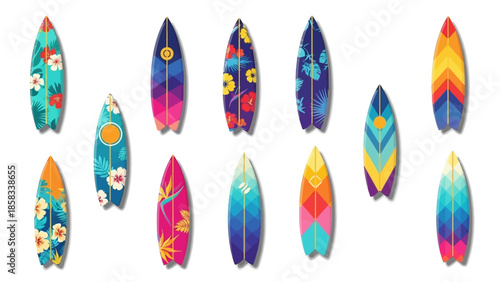 Collection of Colorful Surfboards with Tropical Designs.