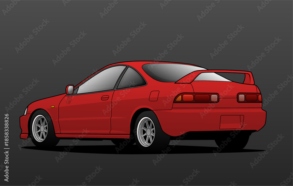 Fototapeta premium Red sports coupe car rear angle illustration with spoiler and alloy wheels, perfect for auto ads and enthusiast content. Clean vector format.
