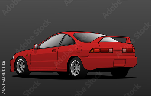 Red sports coupe car rear angle illustration with spoiler and alloy wheels, perfect for auto ads and enthusiast content. Clean vector format.