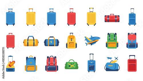 Collection of colorful travel luggage and bags.