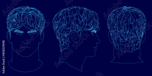 Three male heads with distinct hairstyles feature digital wireframe face overlays against a deep blue background. This fashion collection concept creates a mysterious and captivating atmosphere.