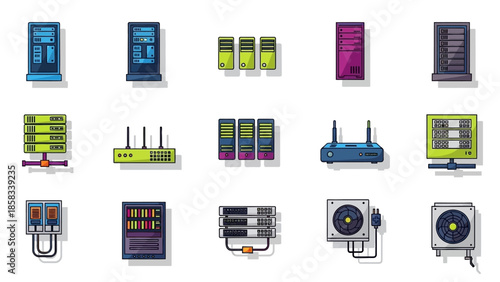 Collection of computer server and network equipment icons.