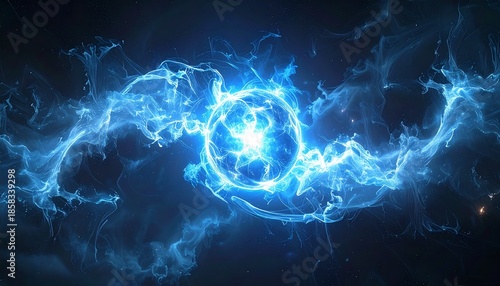 Abstract visualization of zero-point energy, floating energy nodes in dark space, glowing white and electric blue highlights, mysterious advanced future tech.