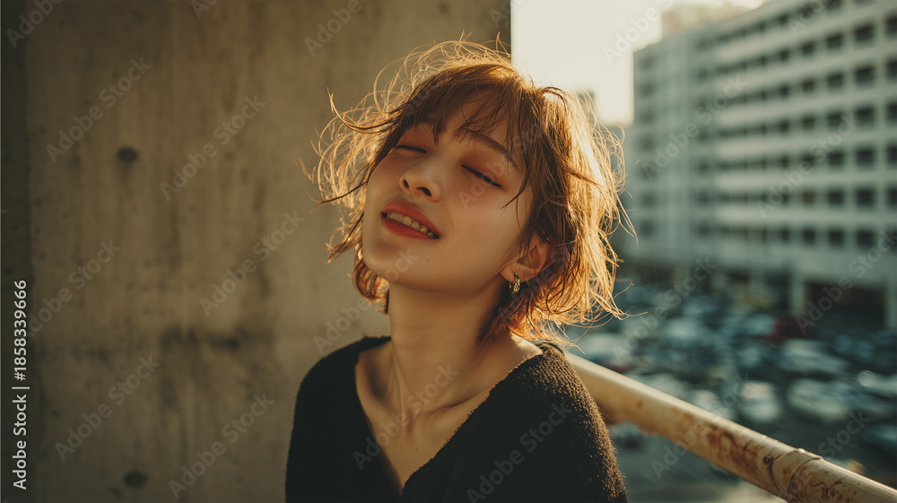 Fototapeta premium 女性が午後のバルコニーで日差しを浴びて目を閉じ微笑む