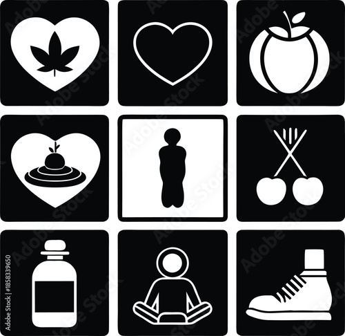 Vector collection featuring a set of black silhouette icons and signs for food health fitness business and people profile design illustrations