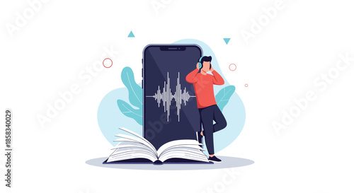 Young man wearing headphones leaning on a giant smartphone with audio waves above an open book representing audiobooks and digital learning.
