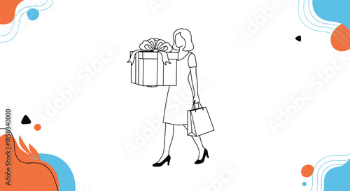 Simple black and white outline drawing of a woman walking while carrying a large wrapped gift box and a shopping bag on a colorful background.