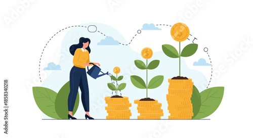 Successful woman watering money plants growing on top of stacks of gold coins representing financial growth and long-term investment strategy.