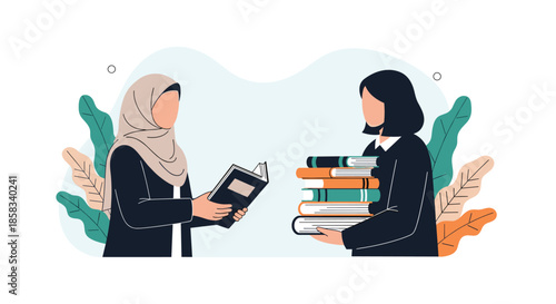 Two diverse young women, one wearing a hijab, exchanging a book and a stack of literature in a friendly educational environment.
